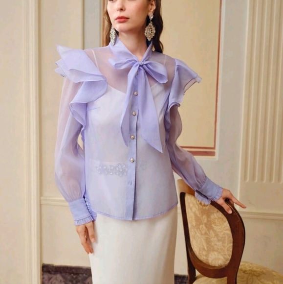 ORGANZA TIE NECK RUFFLE TRIM LANTERN SLEEVE BLOUSE - Picture 1 of 5